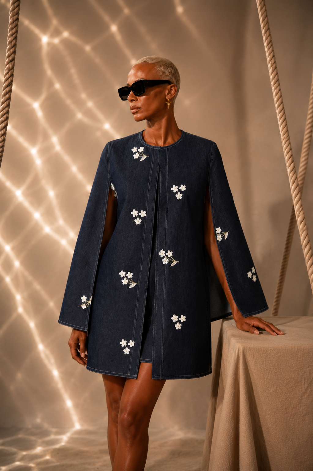 Ribelle Denim Embroidered Cape Dress with Denim Inner dress 2 piece se – Aksh India