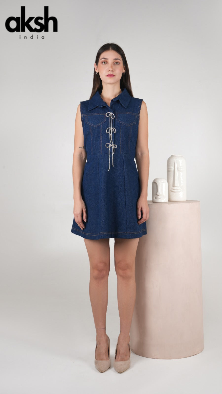 Stella Bow Denim Skater Dress Aksh India Stella Bow Denim Skater Dress Aksh India