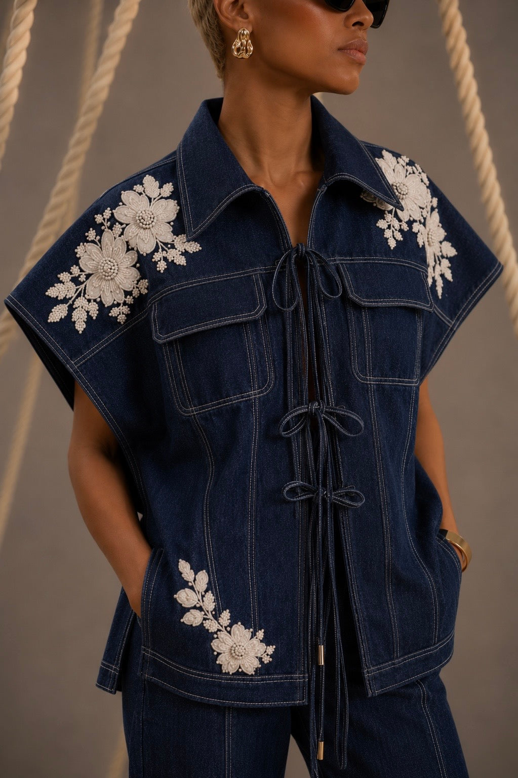 Brittany Blue Denim Embroidered jacket Coord set