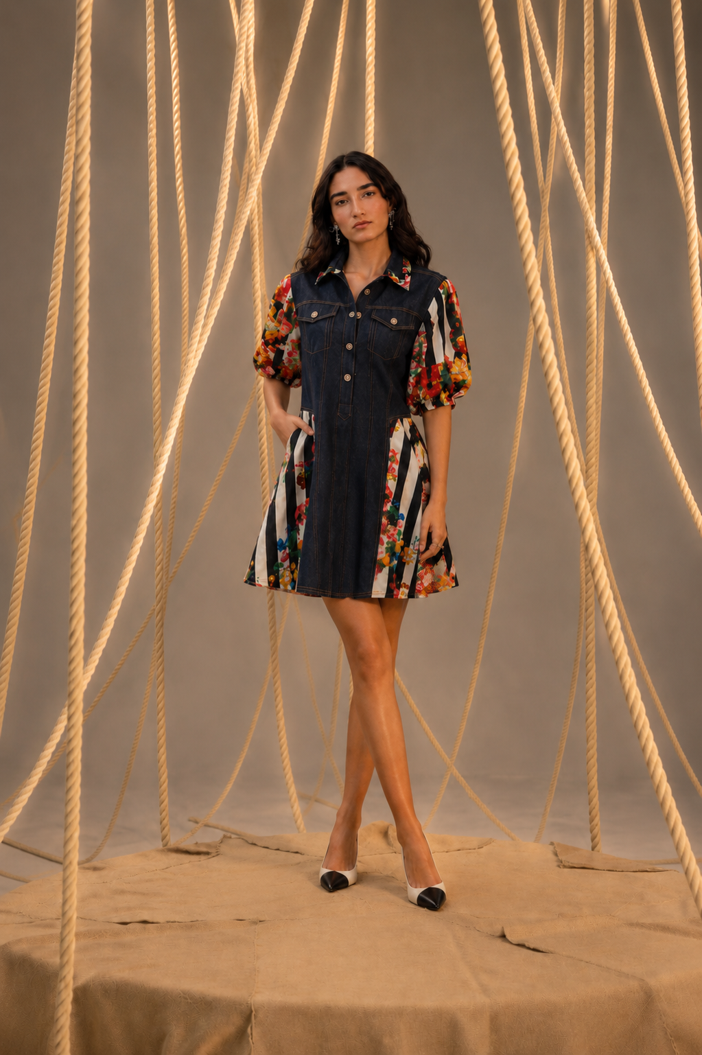 Sabe Denim Center Panel Dress with Printed Sides