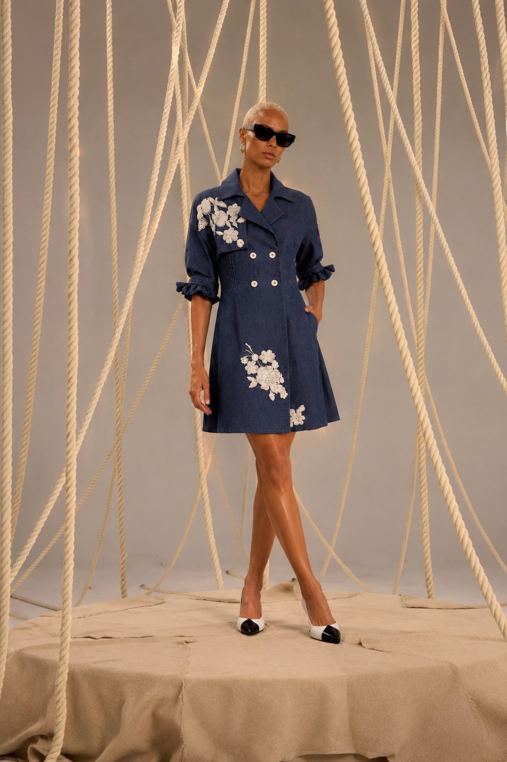 Denim Embroidered Trench Dress