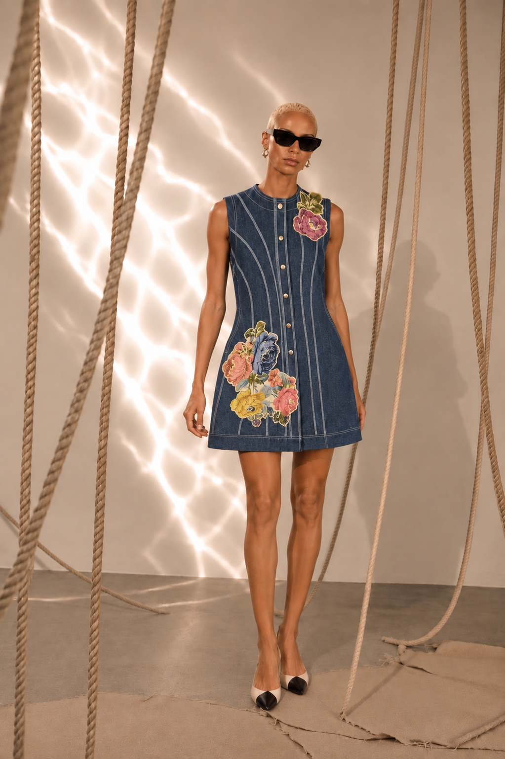 Gregory Denim and Jaquard Applique Asymmetrical Dress