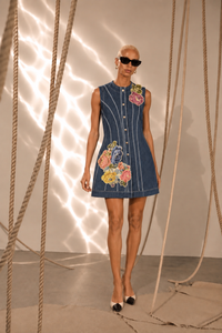 Gregory Denim and Jaquard Applique Asymmetrical Dress