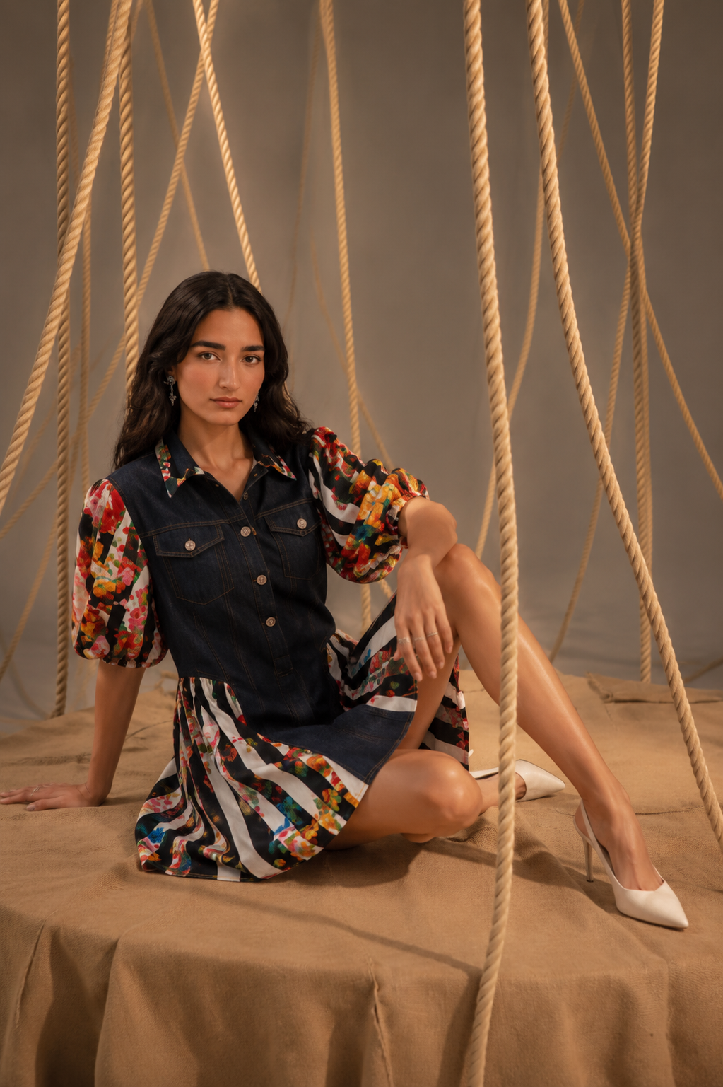 Sabe Denim Center Panel Dress with Printed Sides