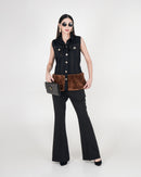 Black Fur Denim Vest And Pants