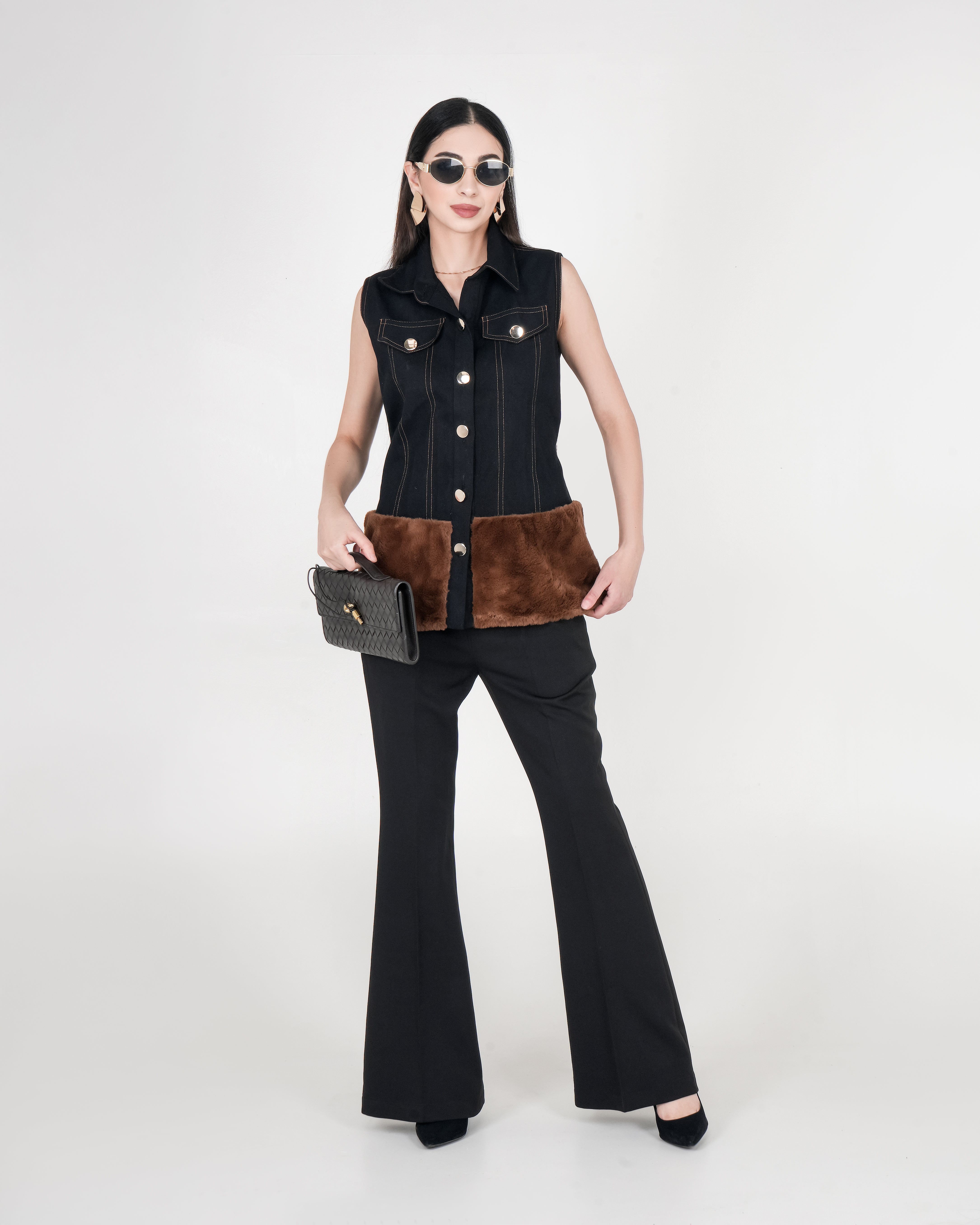 Black Fur Denim Vest And Pants