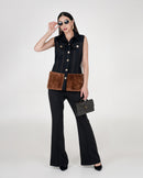 Black Fur Denim Vest And Pants