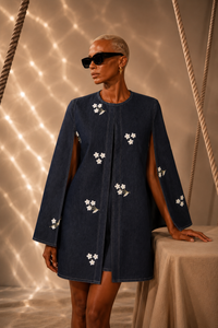 Ribelle Denim Embroidered Cape Dress with Denim Inner dress 2 piece set