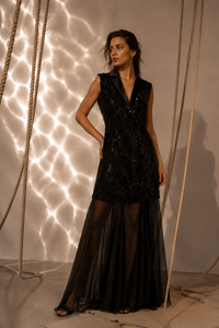 Magic hour black embroidered dress with gorgeotte skirt