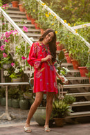 Pink Bloom Printed Dress with Bow Tie