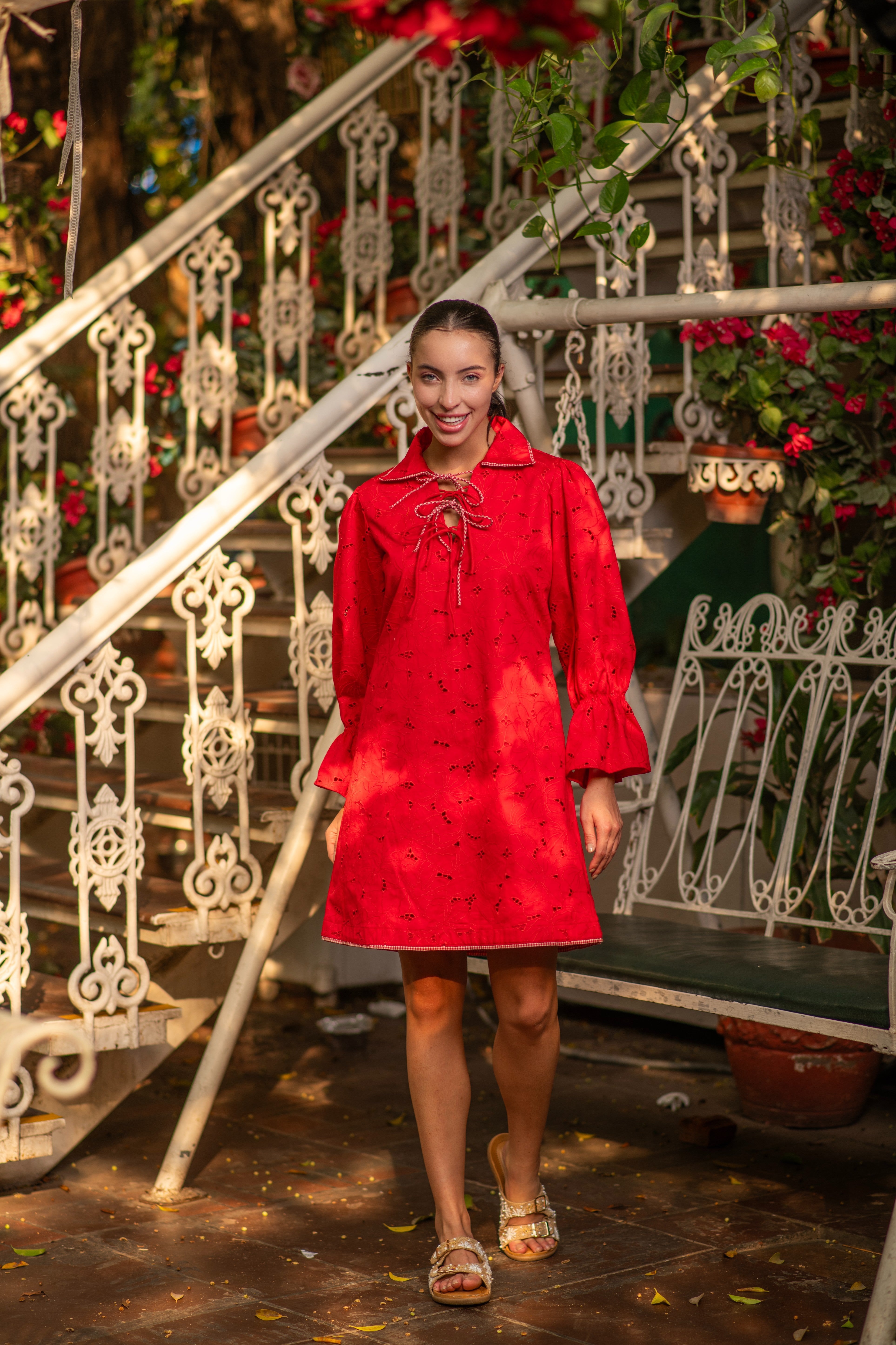 Red Ghigham Lace Bow Dress