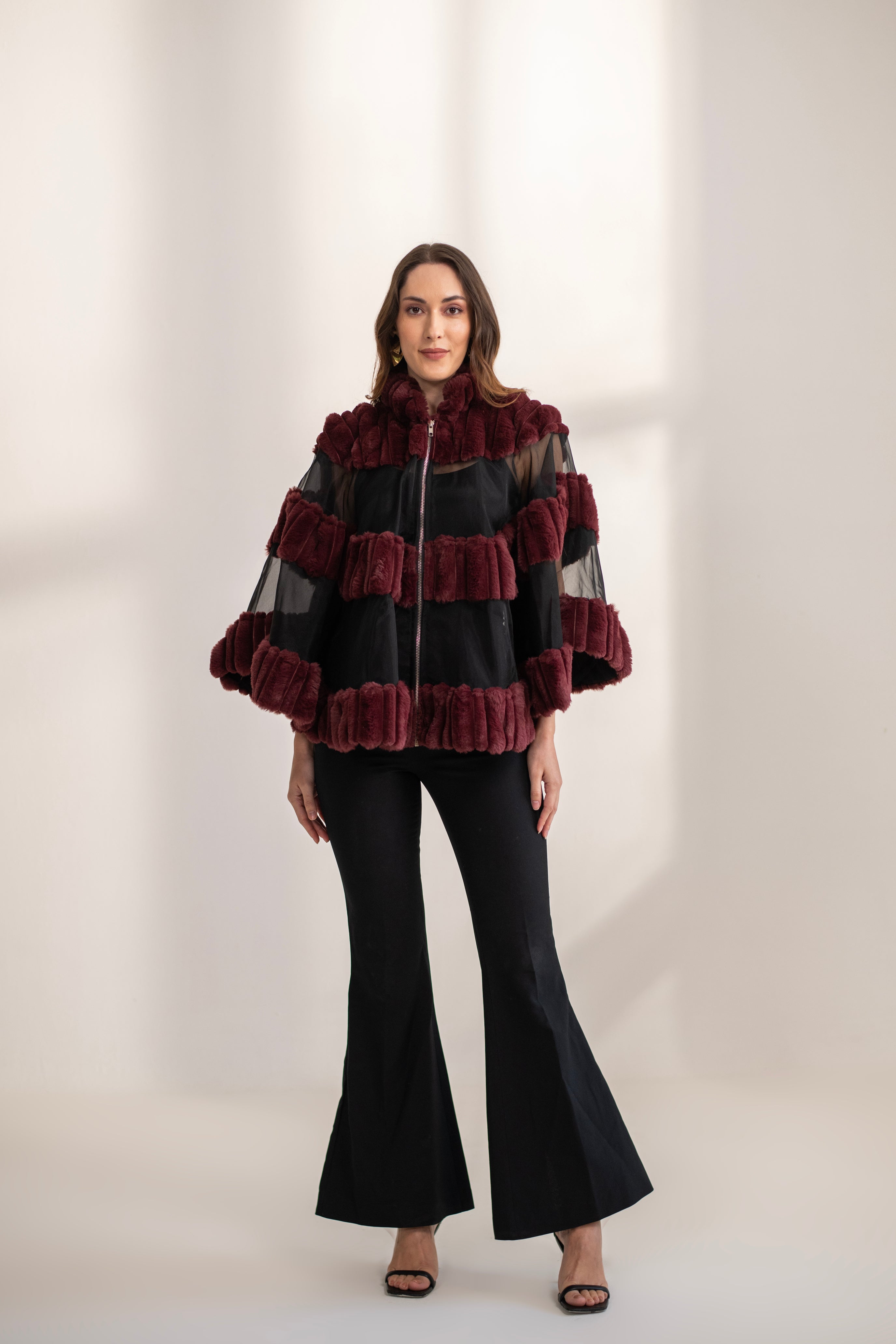 Amour Fur and Organza Cape with Metallic Zip