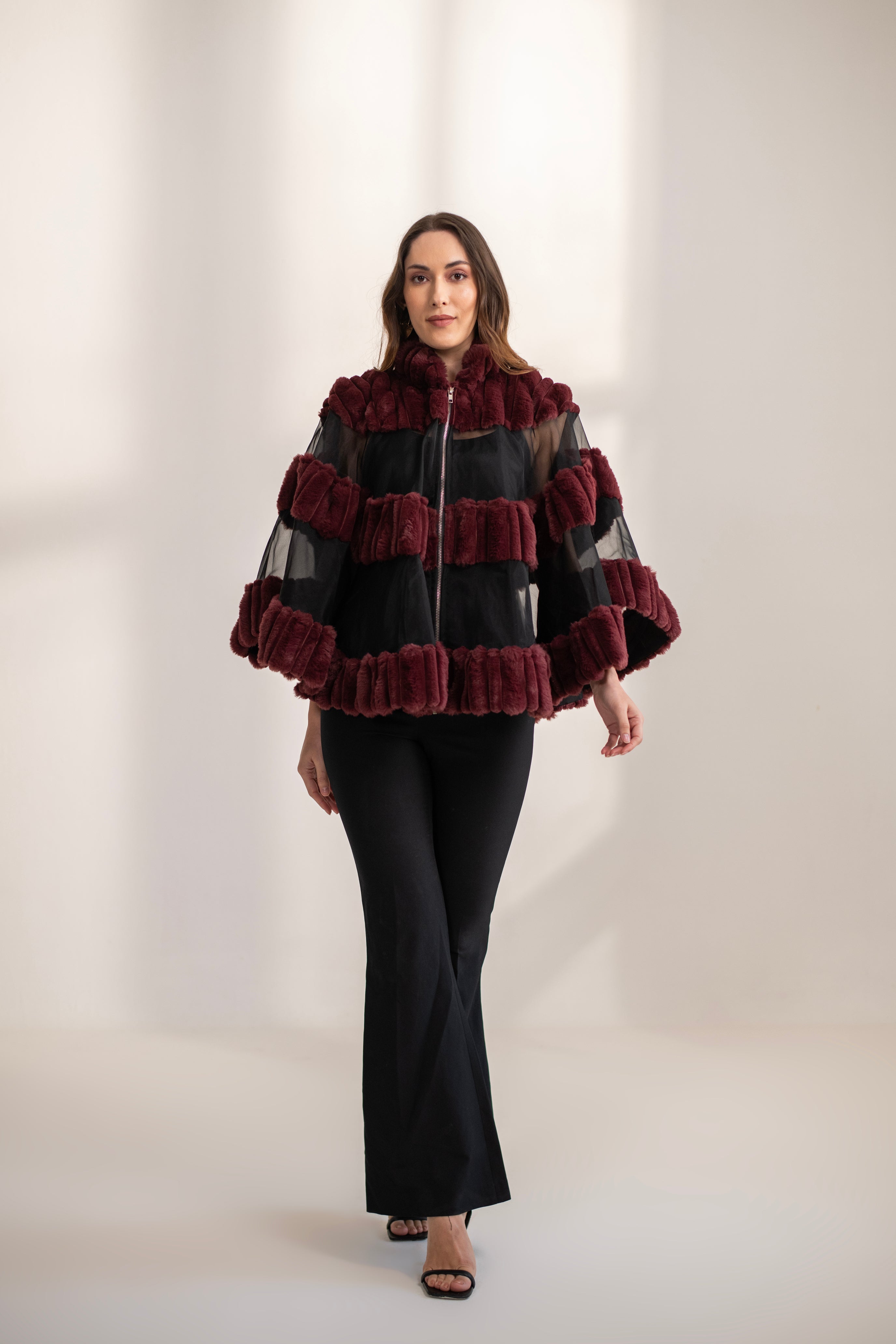 Amour Fur and Organza Cape with Metallic Zip