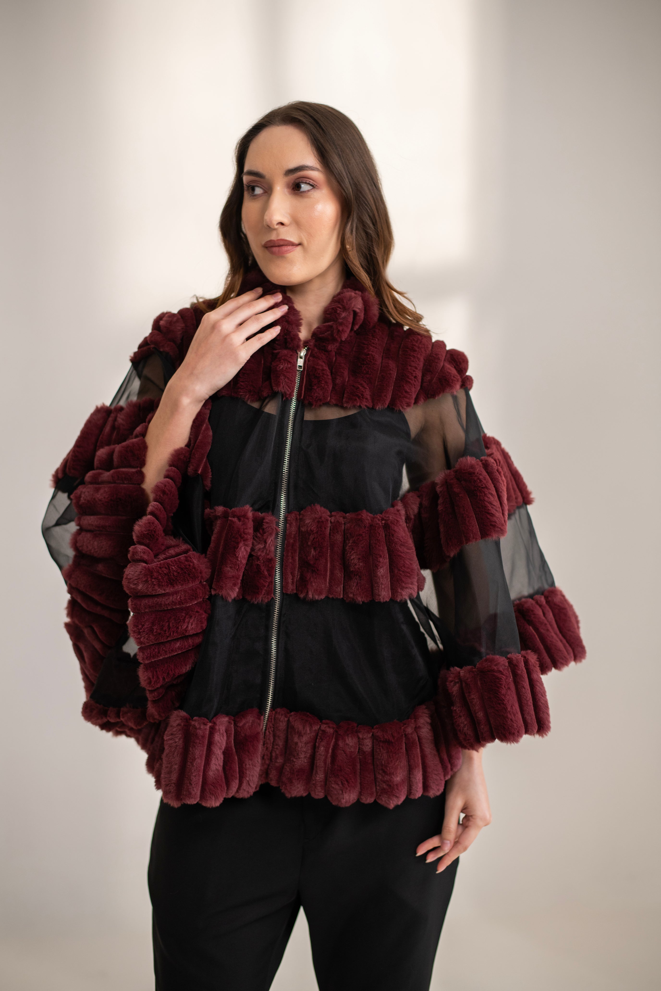 Amour Fur and Organza Cape with Metallic Zip