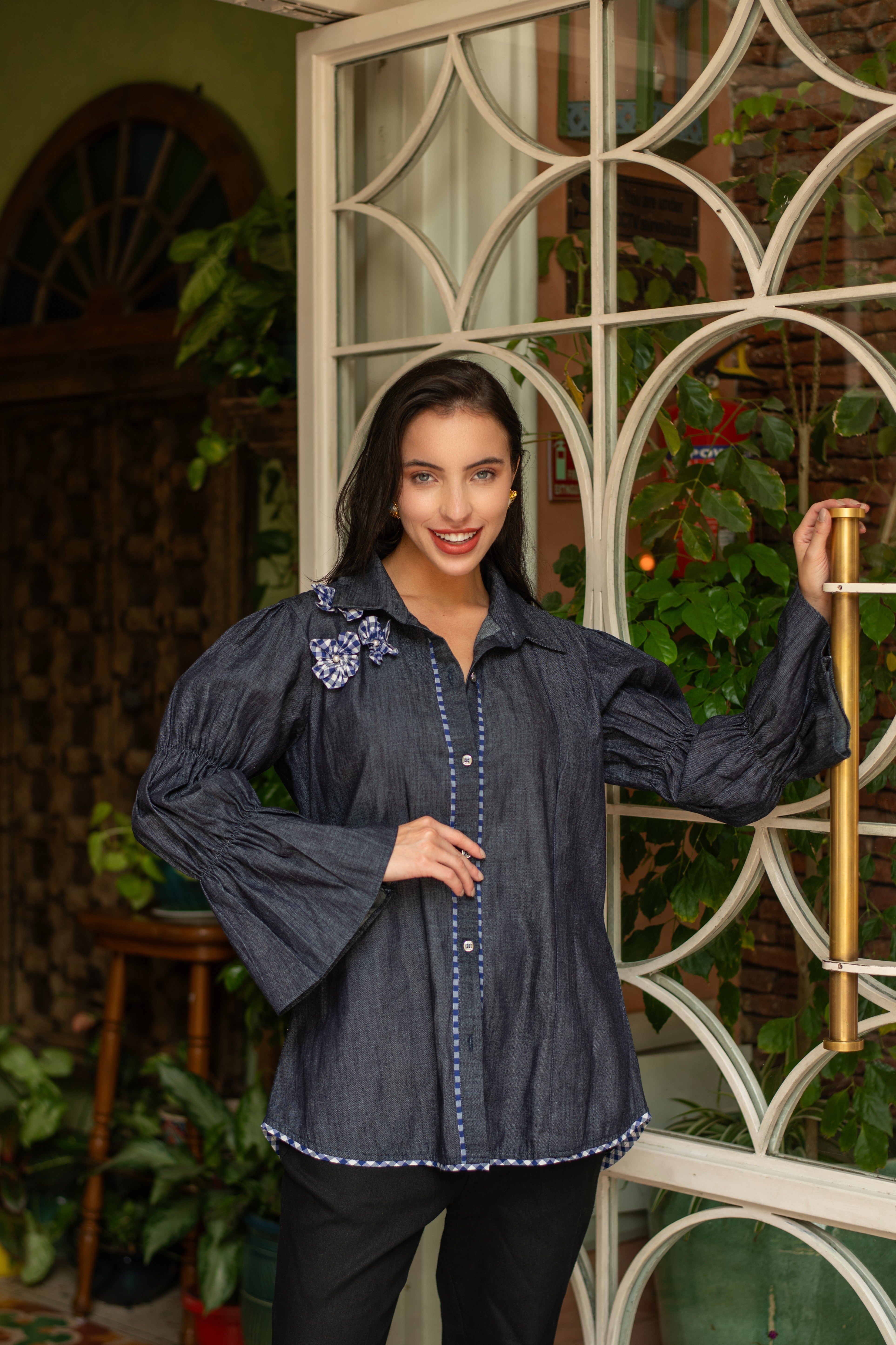 Blue Soft Denim Shirt with Ghigham Pearl Flowers