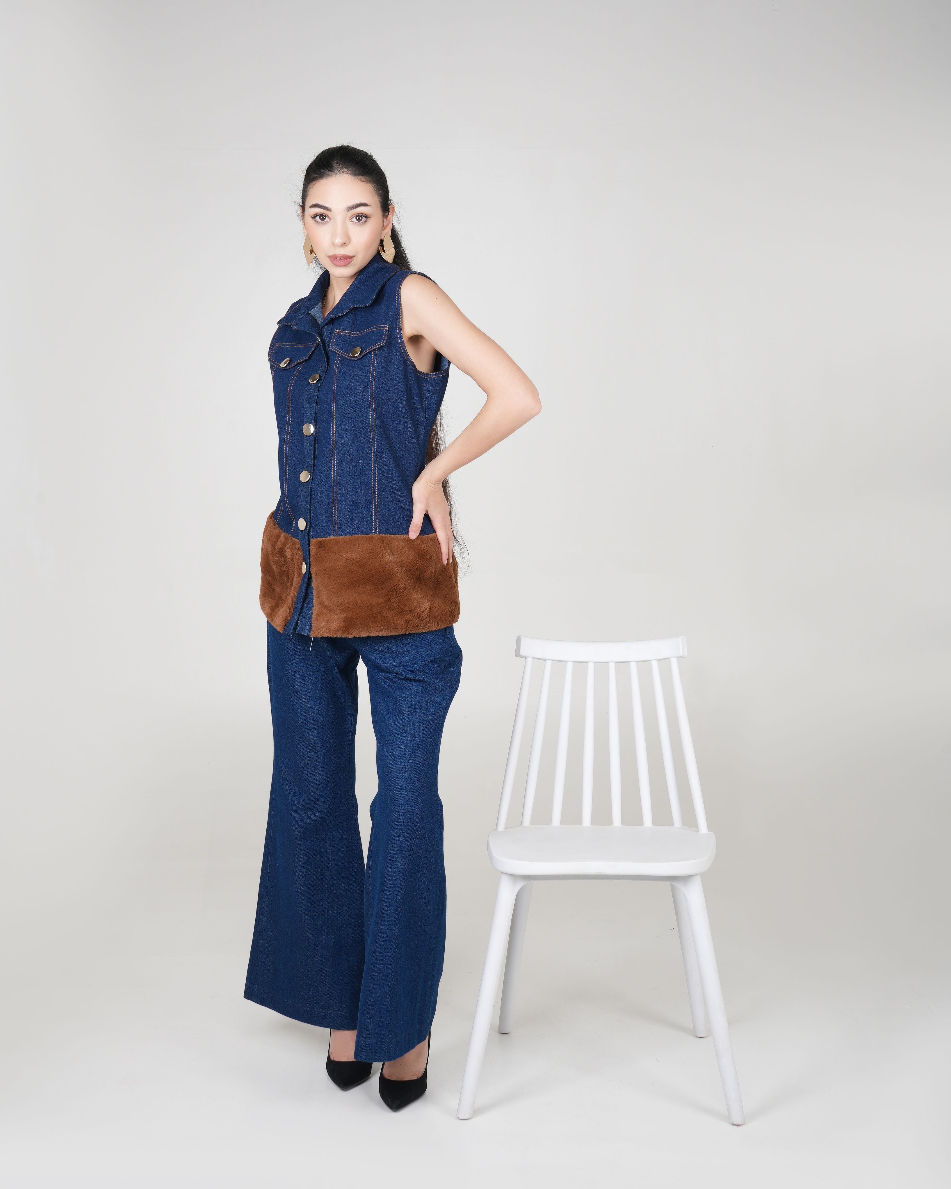 Ecru Fur Denim Vest and Pants