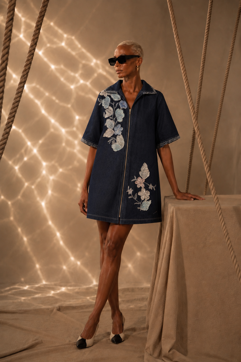 Blanca Floral Embroidered Denim Dress