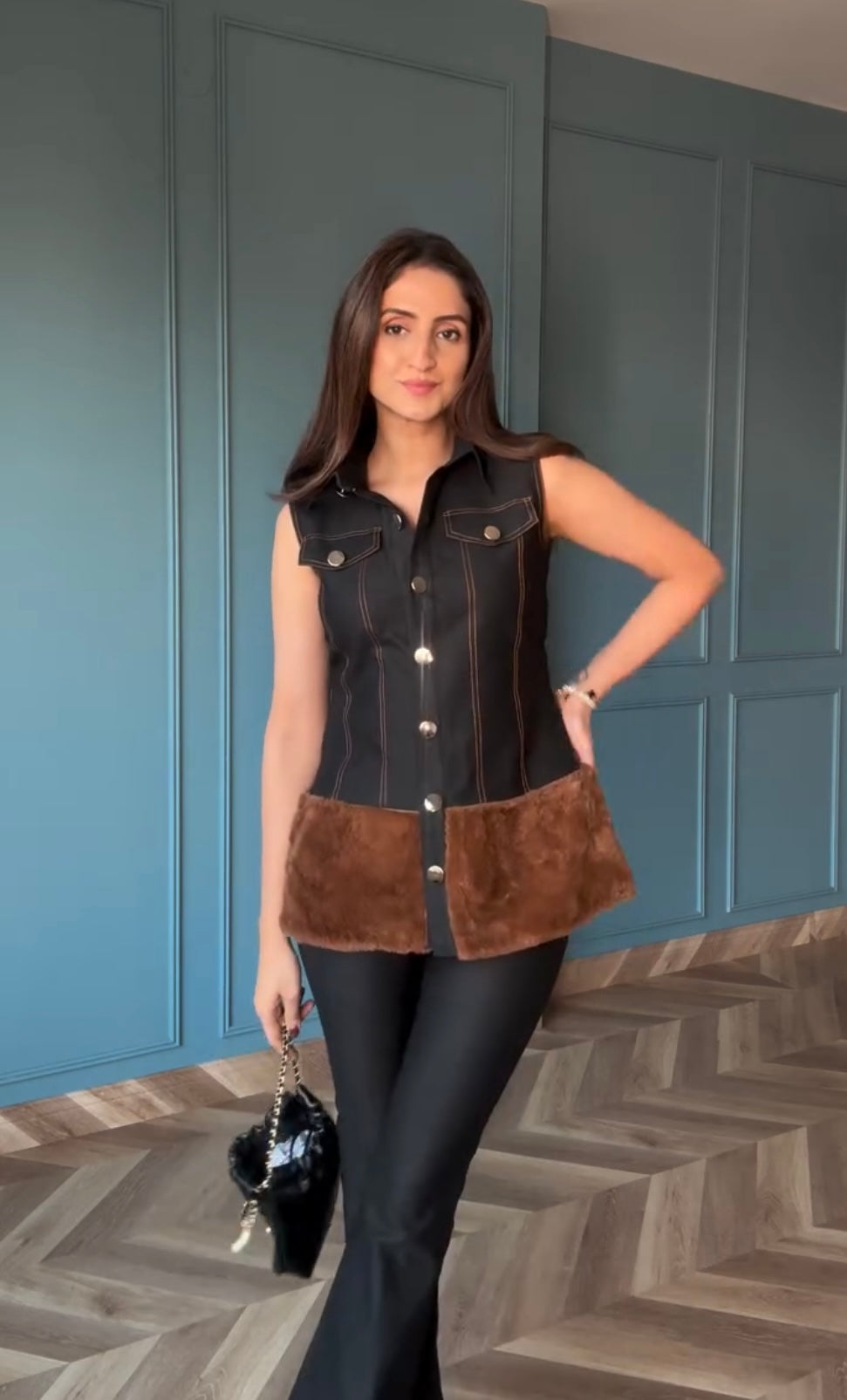 Black Fur Denim Vest Only