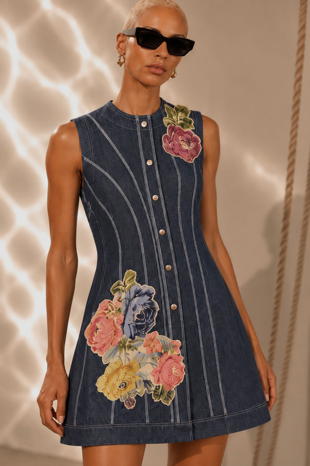 Gregory Denim and Jaquard Applique Asymmetrical Dress