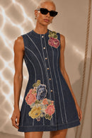 Gregory Denim and Jaquard Applique Asymmetrical Dress