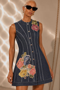 Gregory Denim and Jaquard Applique Asymmetrical Dress
