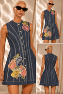 Gregory Denim and Jaquard Applique Asymmetrical Dress